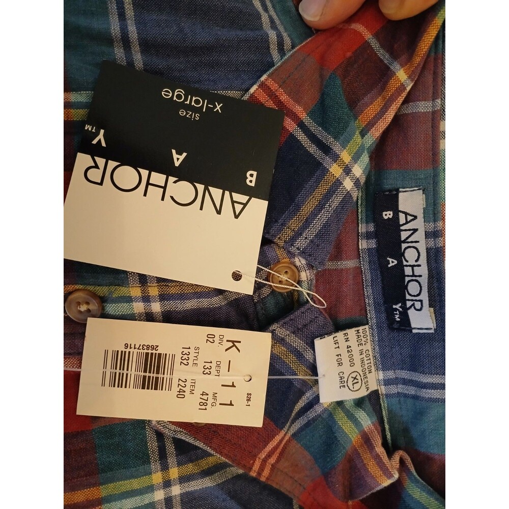 NWT 90's Anchor Bay Men's XL 100% Cotton Plaid Short Sleeve Shirt Classic Button - Picture 5 of 7